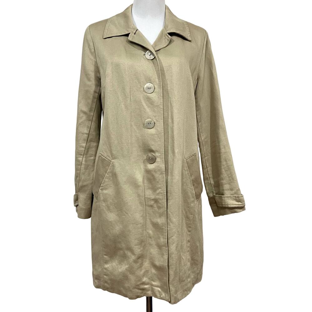 J.Jill Beige Trench Jacket Khaki Linen Cotton Coat Button Front Pockets Womens M